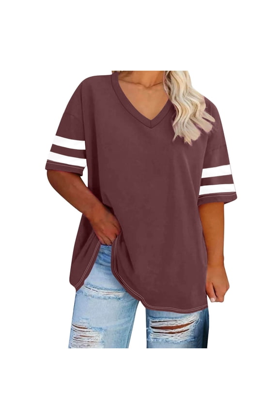 Women's Casual Tunic Summer Plus Size Raglan Tops Color Block Loose Pullover Dressy Short Sleeve Basic Tees Workout V Neck Blouses Activewear Brown XXXXXL