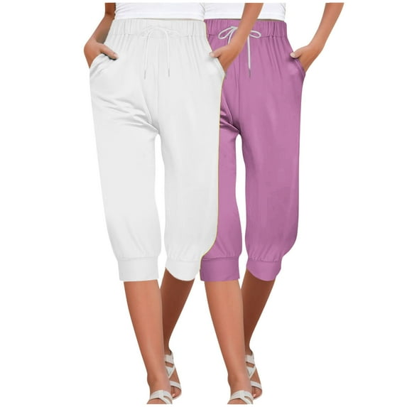 ATOYSOY Women's Casual Workout 2 Pack Capris Joggers Pants Legging Drawstring Sweatpants Clearance Lightweight Pajamas Elastic Waist Trendy Pants Pockets Trousers Multi-color M