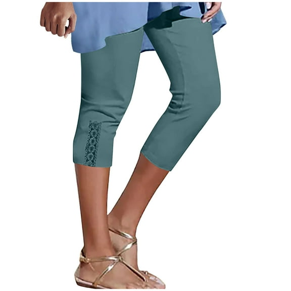 ATOYSOY Women's Casual Workout Activewear Legging Lace Splicing Capris Skinny Pants Retro Trousers Yoga Stretch Solid Color Sweatpants High Waist Trendy Pants Blue M
