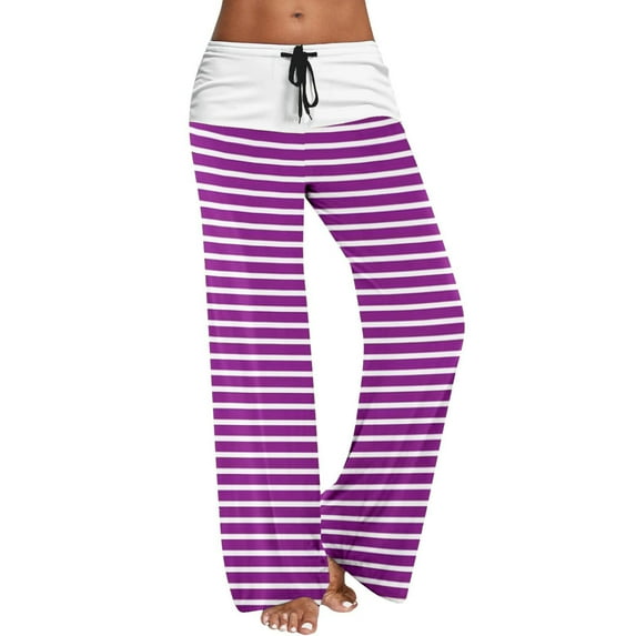 ATOYSOY Women's Casual Workout Palazzo Pants Activewear Wide Leg Pants Regular Comfy Retro Trousers High Waist Trendy Pants Striped Bandage Sweatpants Purple S