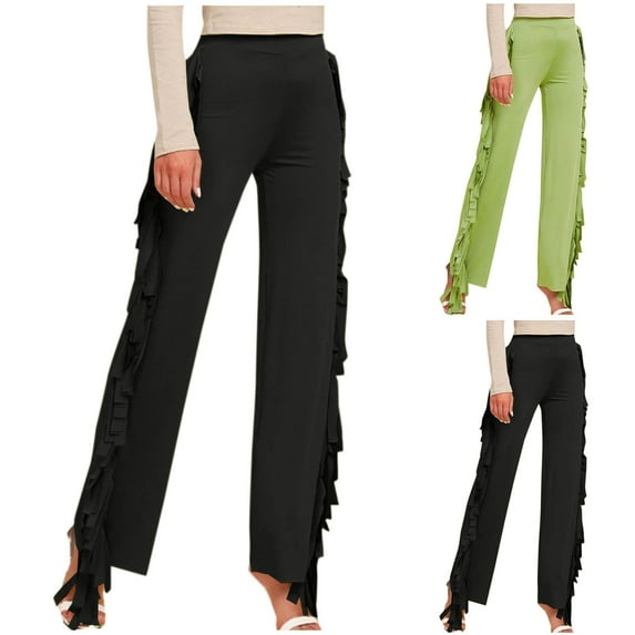 ATOYSOY Women's Casual Workout Palazzo Pants Wide Leg Skinny Pants High Waist Trendy Pants Ruffle Patchwork Retro Solid Color Tassels Sweatpants Trousers Black L