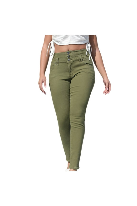 Women's Casual Workout Track Pants Activewear Fake Denim Jeans Skinny Pants Regular Retro High Waist Button Trendy Pants Solid Color Sweatpants Trousers Green S