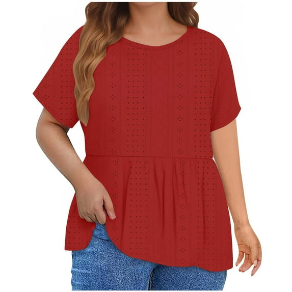 ATOYSOY Women's Causal Workout Comfy Eyelet Plus Size Tops Loose Tunic Solid Color Tees Short Sleeve T Shirts Round Neck Pullover Retro Trendy for Girls Red XXXXL