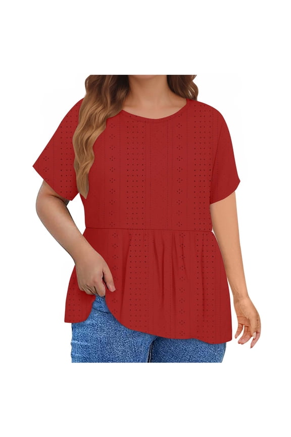 Women's Causal Workout Comfy Eyelet Plus Size Tops Loose Tunic Solid Color Tees Short Sleeve T Shirts Round Neck Pullover Retro Trendy for Girls Red XXXXL