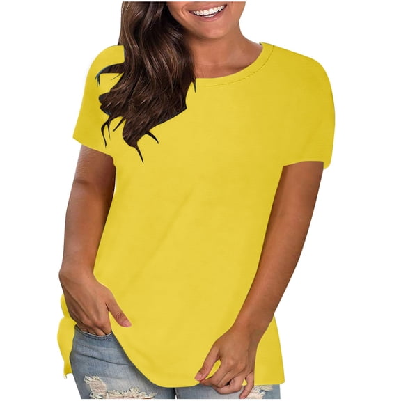 ATOYSOY Women's Causal Workout Comfy Loose Basic Tops Solid Color Tees Round Neck Pullover Regular Fit Trendy Short Sleeve T Shirts Retro for Girls Yellow XXXL