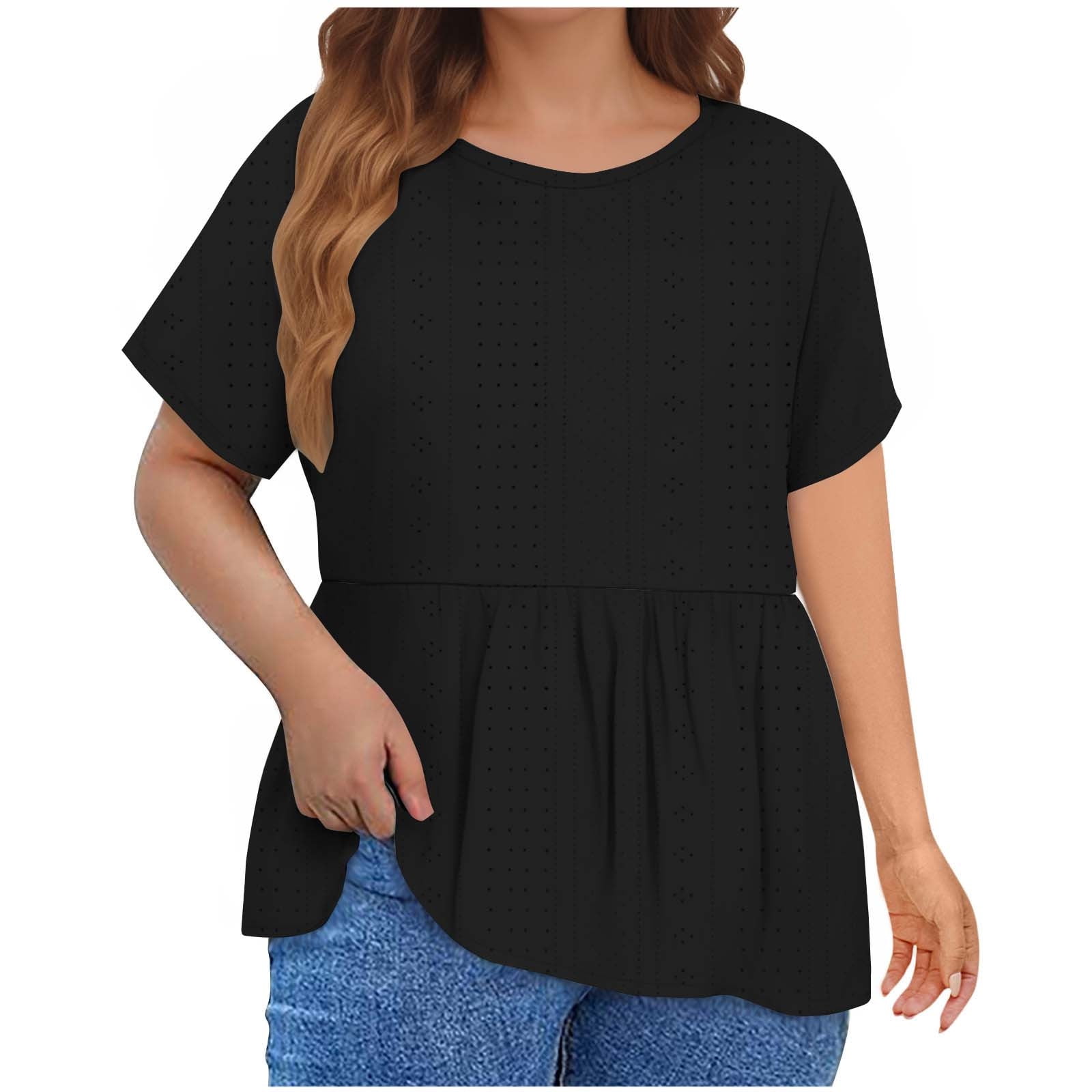 ATOYSOY Women's Causal Workout Eyelet Plus Size Tops Loose Tunic Solid Color Tees Short Sleeve T Shirts Trendy Retro Round Neck Pullover for Girls Black XXXXXL