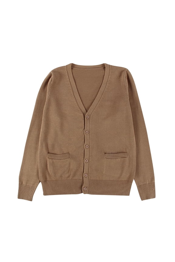 Women's Classic Cardigan Uniform Sweater V Neck Button Knit Cardigans Coat with Pockets Brown M