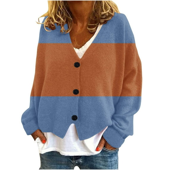 ATOYSOY Women's Classic Cardigan Uniform Sweater V Neck Button Knit Cardigans Coat with Pockets Color Block Blue S