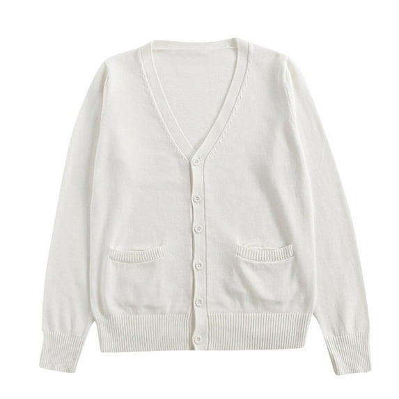 ATOYSOY Women's Classic Cardigan Uniform Sweater V Neck Button Knit Cardigans Coat with Pockets White XXL