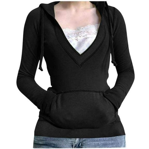 ATOYSOY Women's Classic- Long-Sleeve Open V-Neck Hooded Sweatshirt Black M