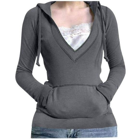 ATOYSOY Women's Classic- Long-Sleeve Open V-Neck Hooded Sweatshirt Gray M