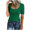 thumbnail image 1 of ATOYSOY Women's Cleanrance Solid Color Pullovers Summer Ribbed Slim Tops Retro Fashion Short Sleeve Tees Casual Workout Shirts Quarter Button Blouses Activewear for Female Green L, 1 of 4