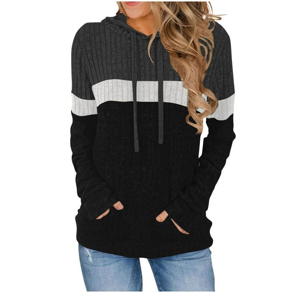 ATOYSOY Women's Color Block Pullover with Pockets Crew Neck Sweatshirts Outwear Casual Ribbed Shirts Knitted Sweaters Loose Hoodie Tops Long Sleeve Tees Fall Winter Gray M