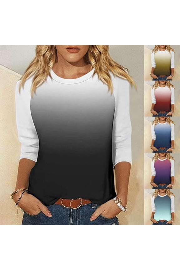 Women's Gradient Pullovers Casual 3/4 Sleeve Tops Cute Going Out Business Tees Slim Raglan Shirts Round Neck Blouses Summer Holiday Fashion Clothes Black L
