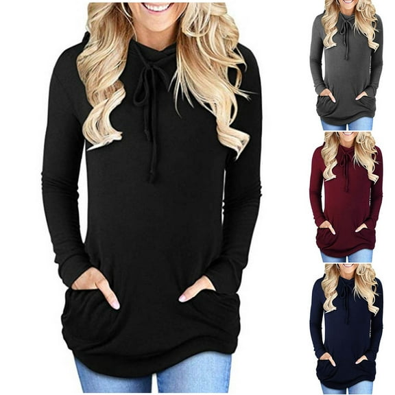 ATOYSOY Women's Pullover Pockets Crew Neck Sweatshirts Drawstring Outwear Loose Hoodie Tops Fashion Long Sleeve Tees Drawstring Fall Winter Casual Shirts Pockets Black L