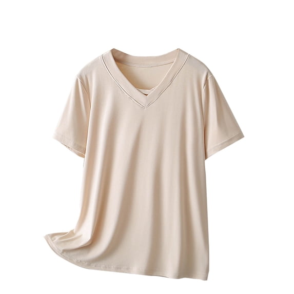 ATOYSOY Women's Pullovers Casual Holiday Short Sleeve Plus Size Tops Cute Cotton Lined Business Tees Loose Dressy Tunic Shirts V Neck Blouses Summer Fashion Clothes Beige XXXL