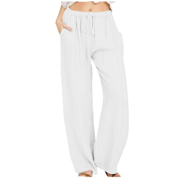 ATOYSOY Women's Solid Color Bandage Sweatpants Casual Cotton Workout Track Pants Elastic Waist Trendy Pants Pockets Retro Activewear Pants Straight Leg Trousers White XL