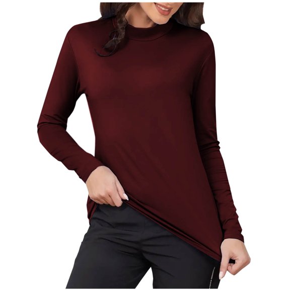 ATOYSOY Women's Solid Color Pullover Casual Shirts Long Sleeve Thicken Tees Fall Winter Outwear High Neck Sweatshirts Slim Basic Tops Stretch Fashion Red XXL