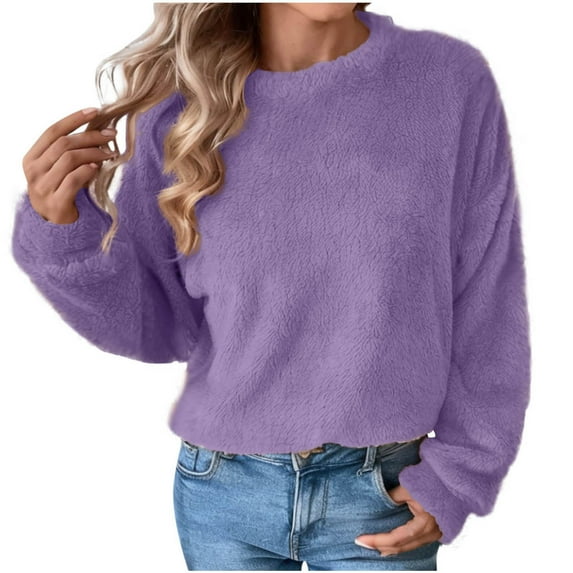 ATOYSOY Women's Solid Color Pullover Fashion Long Sleeve Thicken Tees Fall Winter Casual Fuzzy Shirts Crew Neck Sweatshirts Outwear Loose Fleece Tops Purple S