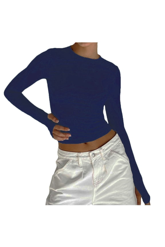 Women's Solid Color Pullover Long Sleeve Tees Fall Winter Slim Basic Cropped Tops Fashion Outwear Casual Shirts Crew Neck Sweatshirts Blue M