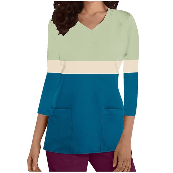 ATOYSOY Women's Solid Color Pullover with Pockets Workout Casual Shirts V Neck Sweatshirts Outwear Fashion 3/4 Sleeve Tees Fall Winter Loose Scrubs Tops Pockets Green L