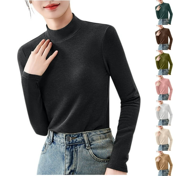 ATOYSOY Women's Solid Color Pullover Spring Long Sleeve Shirts Winter Workout Casual Blouse Fleece High Neck Sweatshirts Fashion Slim Basic Tops Green L