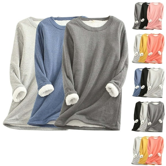 ATOYSOY Women's Warm Solid Color Pullover Crew Neck Sweatshirts Outwear Casual Fuzzy Shirts 3 Pack Plus Size Fleece Basic Tops Long Sleeve Thicken Tees Fall Winter Blue L