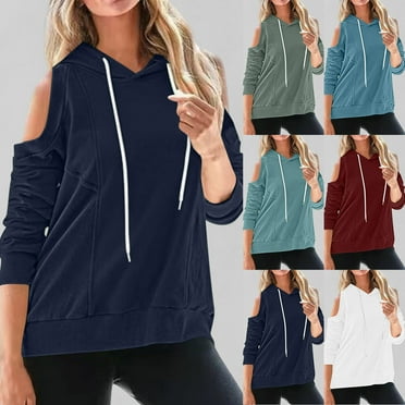ATOYSOY Women's Cold Shoulder Blouses Outwear Loose Sweaters Casual Hoodie Sweatshirts Long Sleeve Tops Fall Winter Solid Color Pullover Drawstring Retro Fashion Clearance Blue S