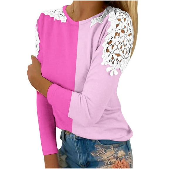 ATOYSOY Women's Color Block Pullover Crew Neck Sweatshirts Outwear Fashion Long Sleeve Tees Fall Winter Casual Shirts Lace Crochet Loose Cold Shoulder Tops Pink XXL