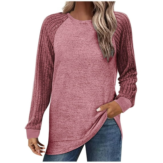 ATOYSOY Women's Color Block Pullover Long Sleeve Tees Fall Winter Knitted Sweaters Loose Tops Crew Neck Sweatshirts Outwear Casual Ribbed Shirts Fashion Pink XXL