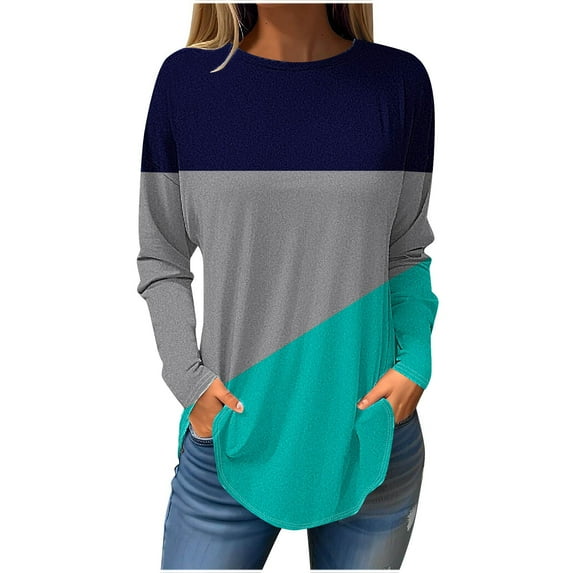 ATOYSOY Women's Color Block Pullover Workout Casual Shirts Long Sleeve Tees Fall Winter Fashion Crew Neck Sweatshirts Outwear Loose Dressy Tops Retro Green XL