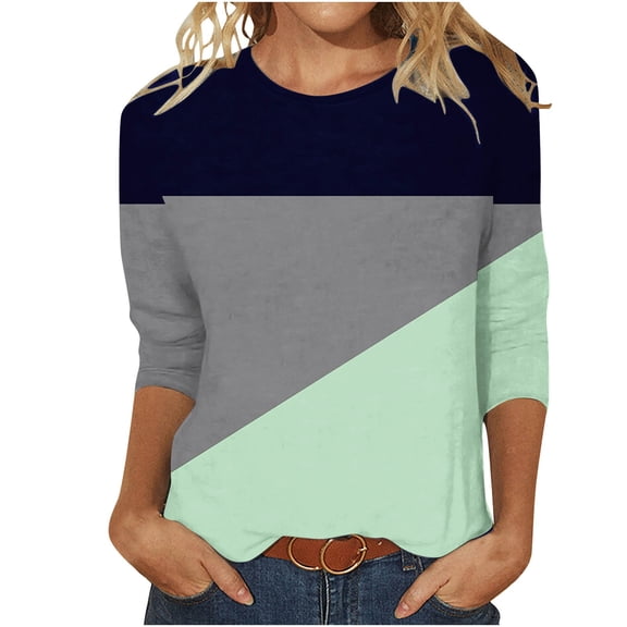 ATOYSOY Women's Color Block Pullover Workout Casual Shirts Loose Tops 3/4 Sleeve Tees Fall Winter Crew Neck Sweatshirts Outwear Retro Fashion Green S