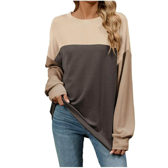 ATOYSOY Women's Color Block Pullover Workout Crew Neck Sweatshirts Outwear Long Sleeve Tees Fall Winter Fashion Casual Cotton Shirts Loose Tops Retro Gray S