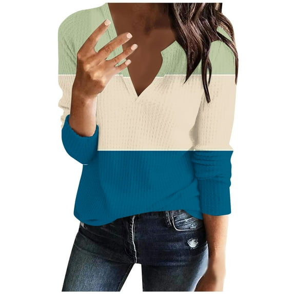 ATOYSOY Women's Color Block Pullover Workout Long Sleeve Tees Fall Winter V Neck Sweatshirts Outwear Loose Waffle Tops Casual Cotton Ribbed Shirts Fashion Retro Blue XL