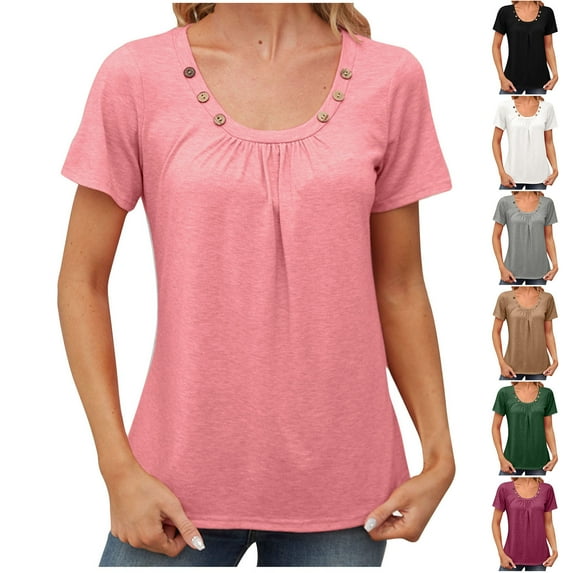 ATOYSOY Women's Cotton Lined Business Tees Loose Dressy Tunic Shirts Square Neck Pleated Blouses Summer Holiday Short Sleeve Tops Button Cute Pullovers Casual Fashion Black L