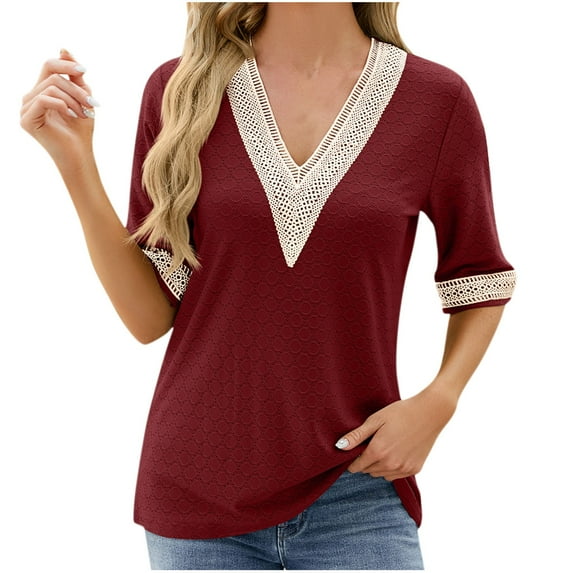 ATOYSOY Women's Cotton Lined Lace Crochet Splicing Tops Summer Pullover Fashion Shirts Solid Color Short Sleeve V Neck Retro Elegant Casual Relaxed for Teens Girls Red M