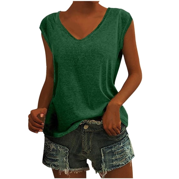 ATOYSOY Women's Cotton Lined Loose Basic Tank Tops Short Sleeve Fashion Shirts Summer Pullover Solid Color V Neck Retro Casual Relaxed for Teens Girls Green XXL