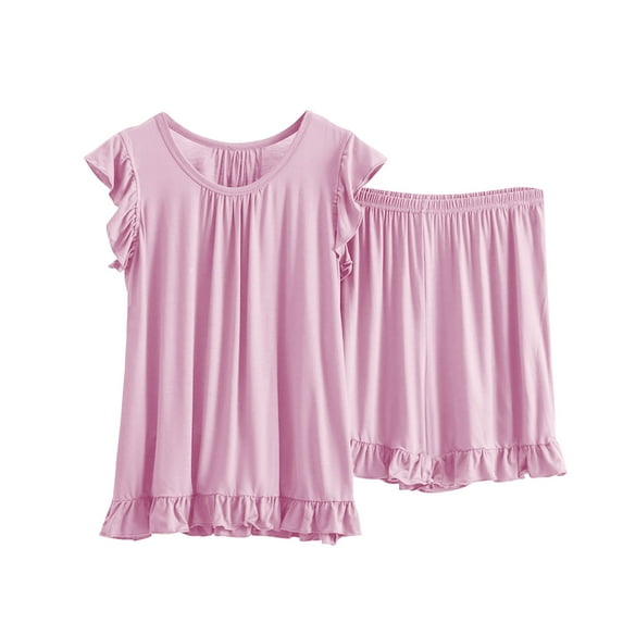 ATOYSOY Women's Cotton Tracksuits Pleated Pajamas Sets Lounge Solid Color Hot Shorts V Neck Beach Casual Comfy Relaxed Workout Trendy Summer Outfits Sleeveless Ruffle Pink