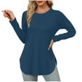 thumbnail image 1 of ATOYSOY Women's Crew Neck Blouse Fall Winter Loose Midi Shirts for Women Trendy Outwear Long Sleeve Tops Casual Dressy Tunic Solid Color Pullover Blue XL, 1 of 5