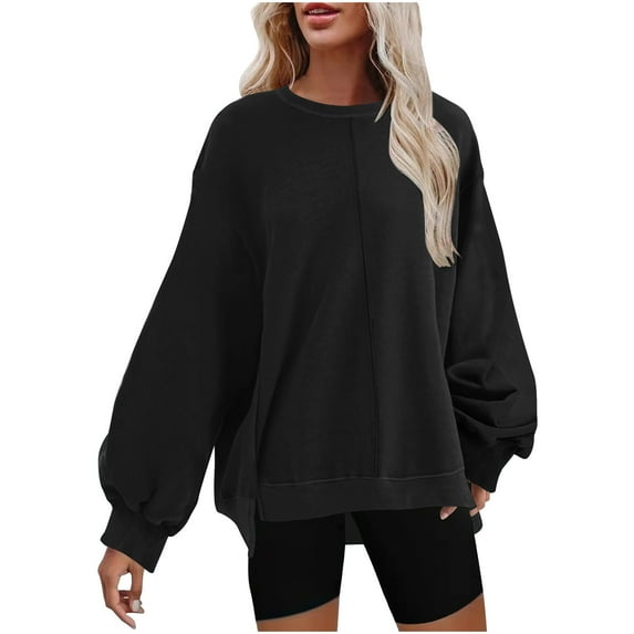 ATOYSOY Women's Crew Neck Blouses Fall Plus Size Sweatshirts Long Sleeve Basic Tees Fashion Workout Casual Tunic Solid Color Loose Pullovers Dressy Activewear Saving Black L