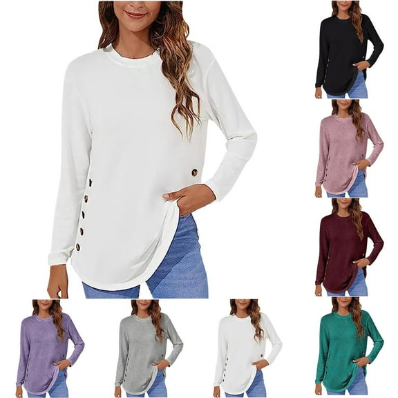 ATOYSOY Women's Crew Neck Button Sweatshirts Loose Tops Dressy Tunic Fashion Casual Blouse Fleece Solid Color Pullover Spring Long Sleeve Shirts Winter Workout Black L