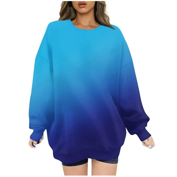 ATOYSOY Women's Crew Neck Sweatshirts Fall Loose Basic Oversized Tops Trendy Relaxed Comfy Casual Drop Shoulder Long Sleeve Tees Gradient Blouses Workout Blue XL