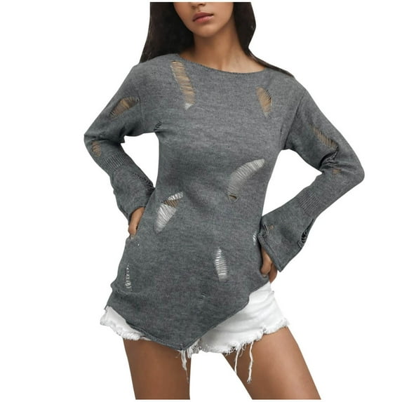 ATOYSOY Women's Crew Neck Sweatshirts Hollow Out Outwear Loose Ripped Tops Knitted Sweaters Pullover Casual Shirts Irregular Hem Long Sleeve Tees Fall Winter Fashion Gray XL