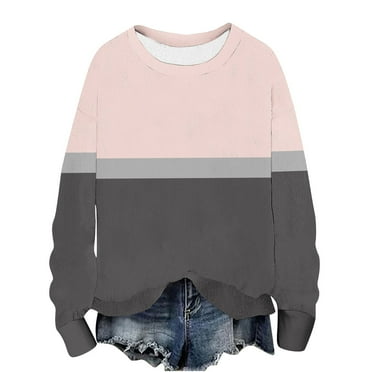 ATOYSOY Women's Crew Neck Sweatshirts Knitted Sweaters Loose Tops Fashion Casual Ribbed Shirts Clearance Outwear Color Block Pullover Long Sleeve Tees Fall Winter Pink S