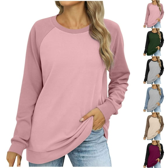 ATOYSOY Women's Crew Neck Sweatshirts Loose Fleece Raglan Tops Fashion Long Sleeve Tees Fall Winter Casual Flannel Shirts Outwear Solid Color Pullover Black L