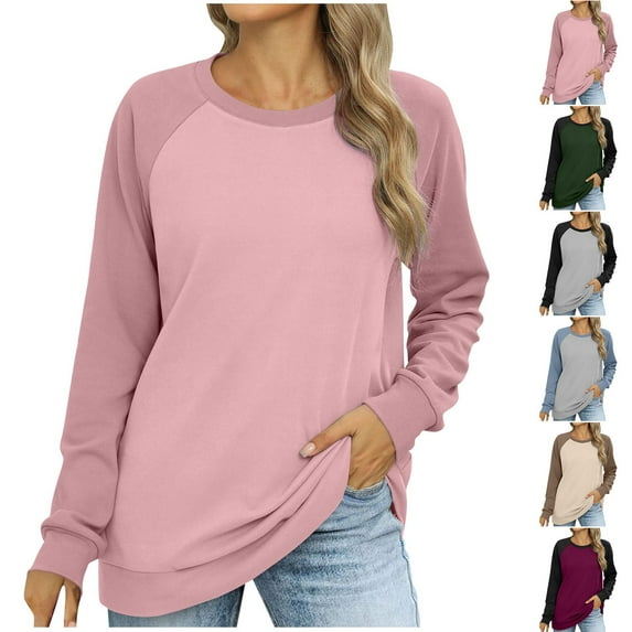 ATOYSOY Women's Crew Neck Sweatshirts Loose Fleece Raglan Tops Fashion Long Sleeve Tees Fall Winter Casual Flannel Shirts Outwear Solid Color Pullover Black L