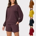 thumbnail image 1 of ATOYSOY Women's Crew Neck Sweatshirts Loose Outfits with Pockets for Ladies Long Sleeve Tracksuits Casual Sweat Suits Elastic Waist Shorts 2 Piece Lounge Sets Brown L, 1 of 7