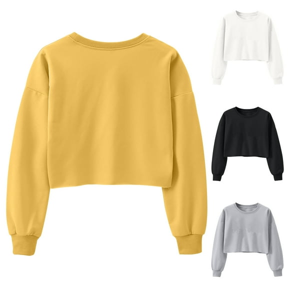 ATOYSOY Women's Crew Neck Sweatshirts Loose Tops Fashion Casual Cropped Blouse Cotton Workout Solid Color Pullover Spring Long Sleeve Shirts Winter Black L