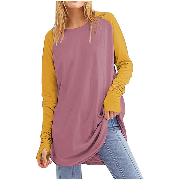 ATOYSOY Women's Crew Neck Sweatshirts Loose Tops Dressy Tunic Fashion Workout Casual Raglan Blouse Color Block Pullover Spring Long Sleeve Shirts Winter Pink XL