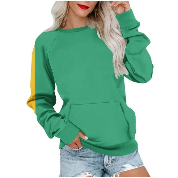 ATOYSOY Women's Loose Tops Fashion Crew Neck Sweatshirts Color Block Pullover with Pockets Casual Shirts Pockets Long Sleeve Tees Fall Winter Outwear Yellow L